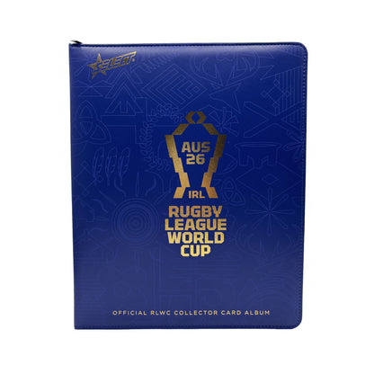 RLWC 2026 Collector Card Album front cover with gold Rugby League World Cup logo