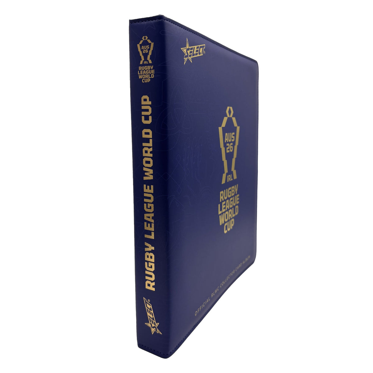 RLWC 2026 Collector Card Album spine with gold Rugby League World Cup lettering